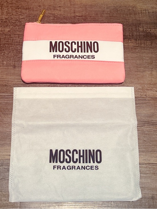 Moschino Handbags - Moschino Pink & White Fragrances Zip Cosmetic Pouch w/ Gold Zip Logo Pull